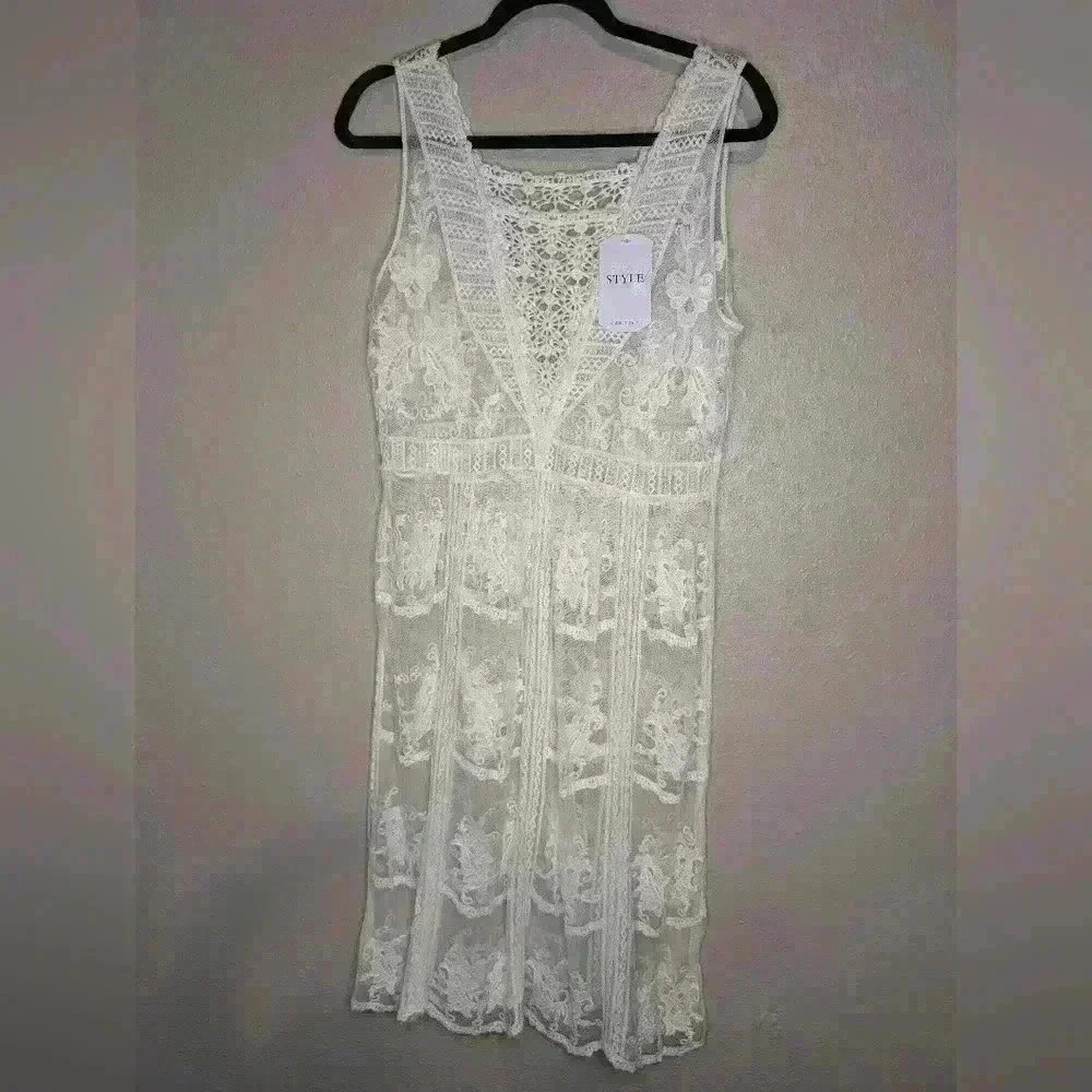 NWT My Style made in Italy white lace see-thru dress midi BOHO Beachy elegant